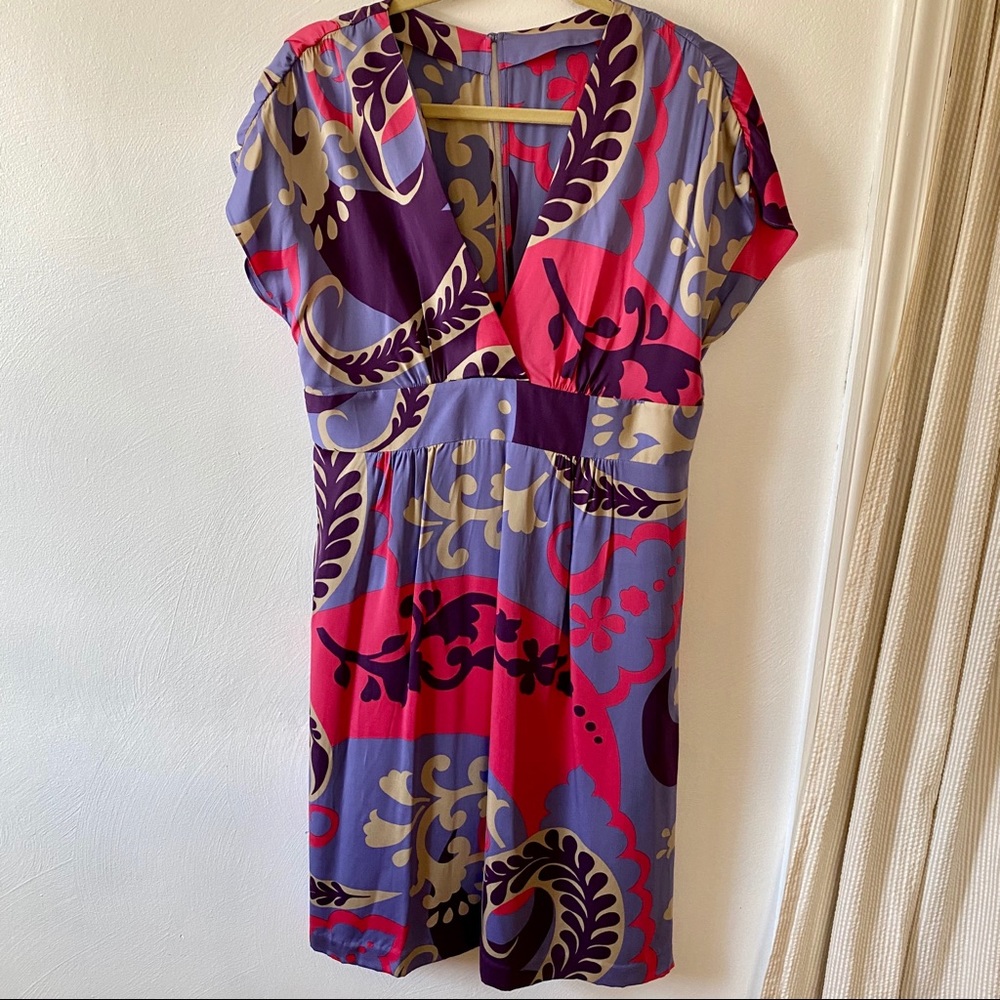 Boden Purple Silk Print Flutter Sleeve Dre…